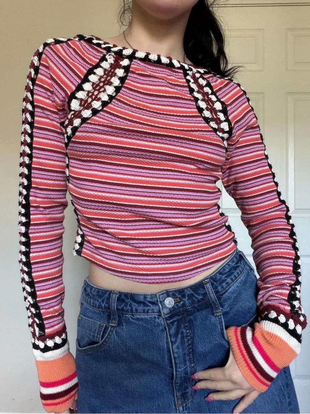 Free People Striped Orange & Black Long-Sleeve Knit Top xs